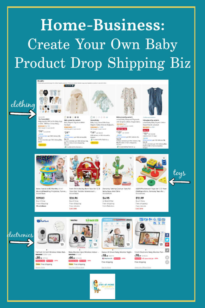 Images of baby products dropshipping store ideas. Text reads how to create your own baby products drop shipping store from home.