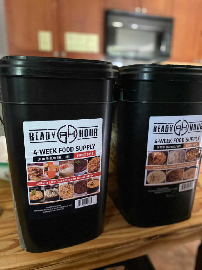 Ready Hour 4-week food supply buckets.