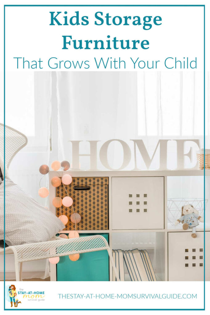 Cube shelf for organizing kids toys. The word HOME shown on top in decor letters. Text reads kids storage furniture that grows with your child.