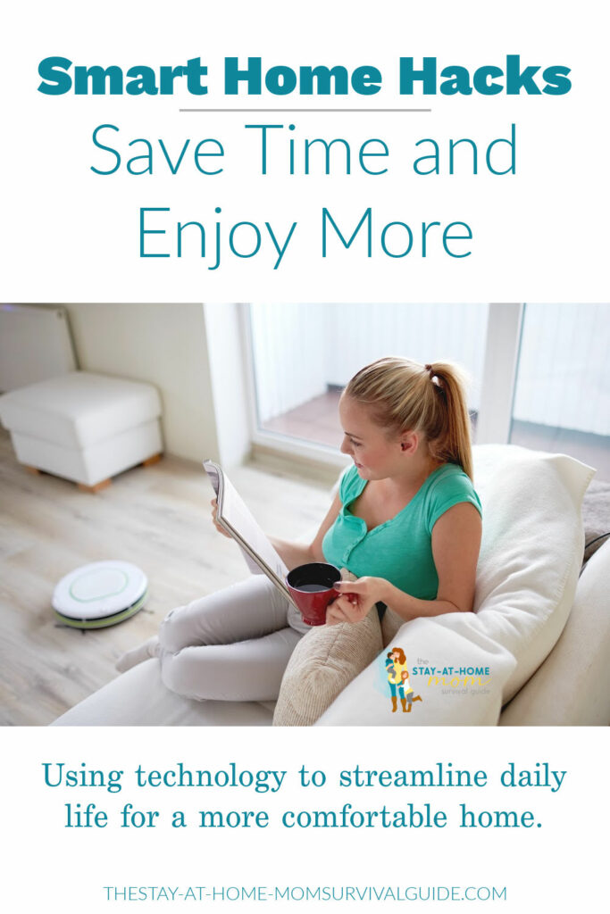 Woman seated on her couch in a bright room with a robot vacuum cleaning while she drinks coffee and reads a book. Text reads smart home hacks to save time and enjoy more. Using technology to streamline daily life for a more comfortable home.