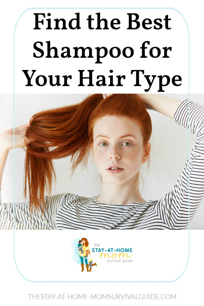 Red-headed woman with a ponytail holding her ponytail to the side. Text reads find the best shampoo for your hair type.