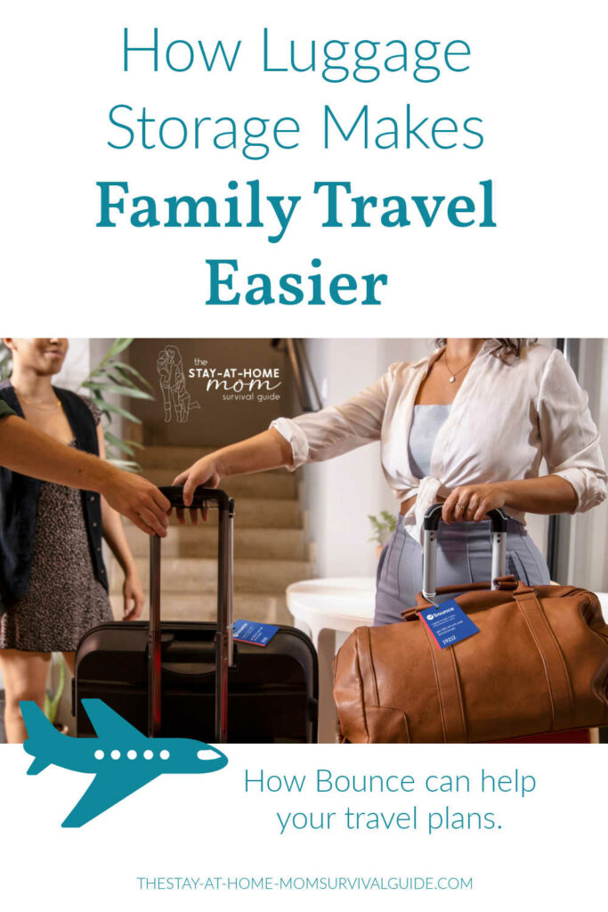 Woman leaving two suitcases at a Bounce luggage storage location. Text reads how luggage storage makes family travel easier.