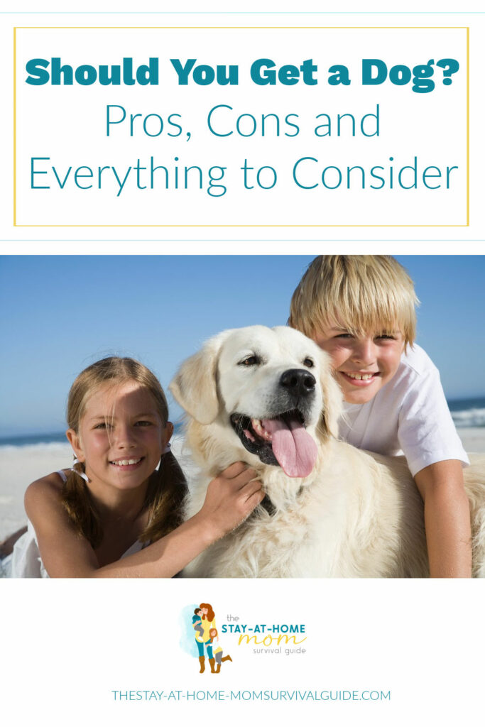 Boy and girl cuddling their English Cream golden retriever. Text reads should you get a dog? Pros, cons and everything to consider.