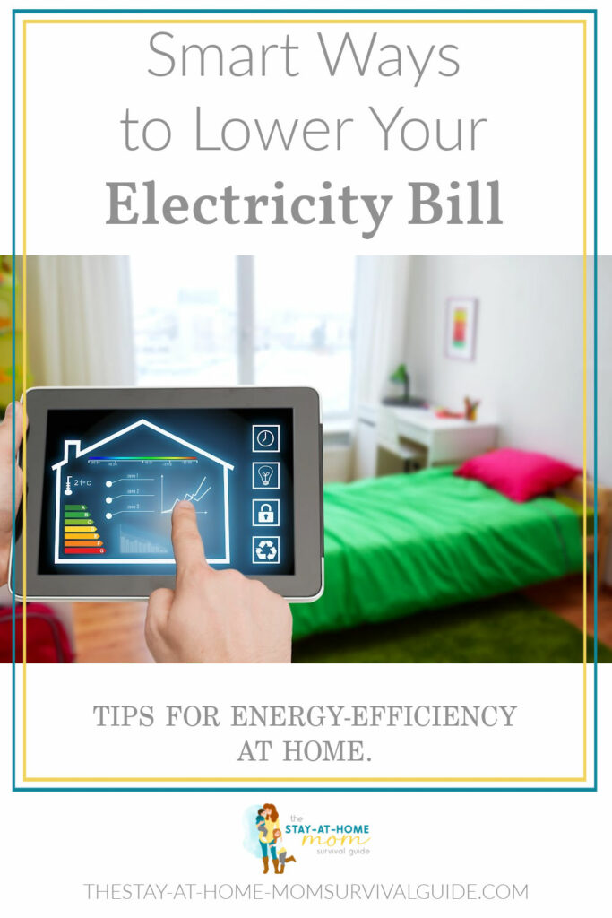 Smart home screen shown with a bedroom in the background. Text reads smart ways to lower your electricity bill.
