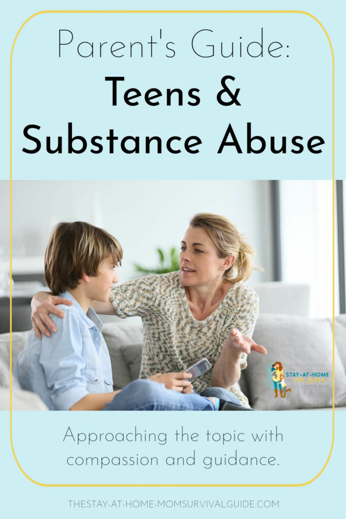 Mother sitting and talking with her teenage son, seated on a couch. Text reads Parent's Guide to teens and substance abuse.
