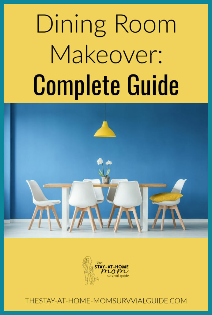 Bright blue wall with a modern white dining set. Text reads dining room makeover: complete guide.