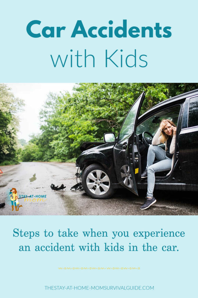 Woman on a cell phone leaning out of the driver side of the car after a car accident. Text reads car accidents with kids.