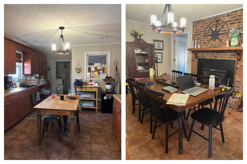 Matching chandeliers in kitchen and dining room shown side by side. Your guide to a complete dining room makeover.