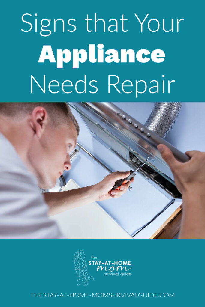 Repair guy checking a home appliance. Text reads signs that your appliance needs repair.
