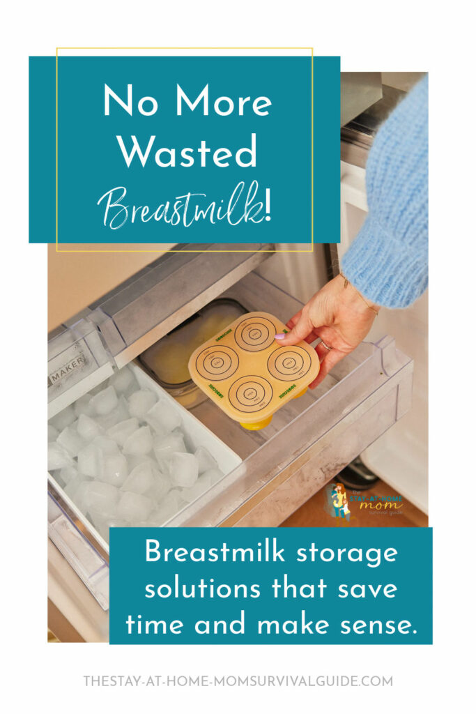 Mom's hand placing a first drop kit breastmilk storage container into the freezer. Text reads no more wasted breastmilk. Breastmilk storage solutions that save time and make sense. Boobcube review. #sponsored