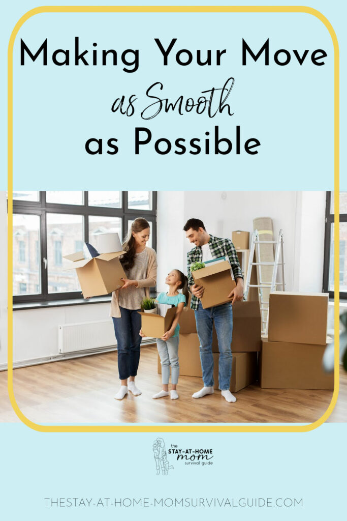 Family of mom, dad and child holding boxes about to pack for moving. Text reads making your move as smooth as possible.