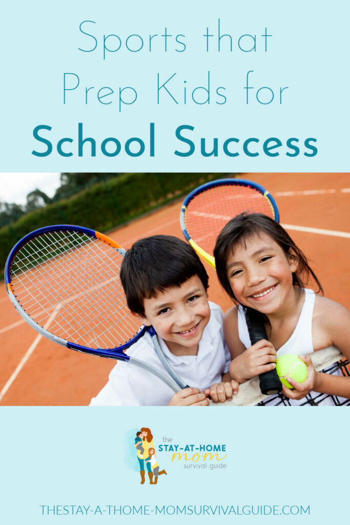 Boy and girl holding tennis rackets, smiling., Text reads sports that prep kids for school success.