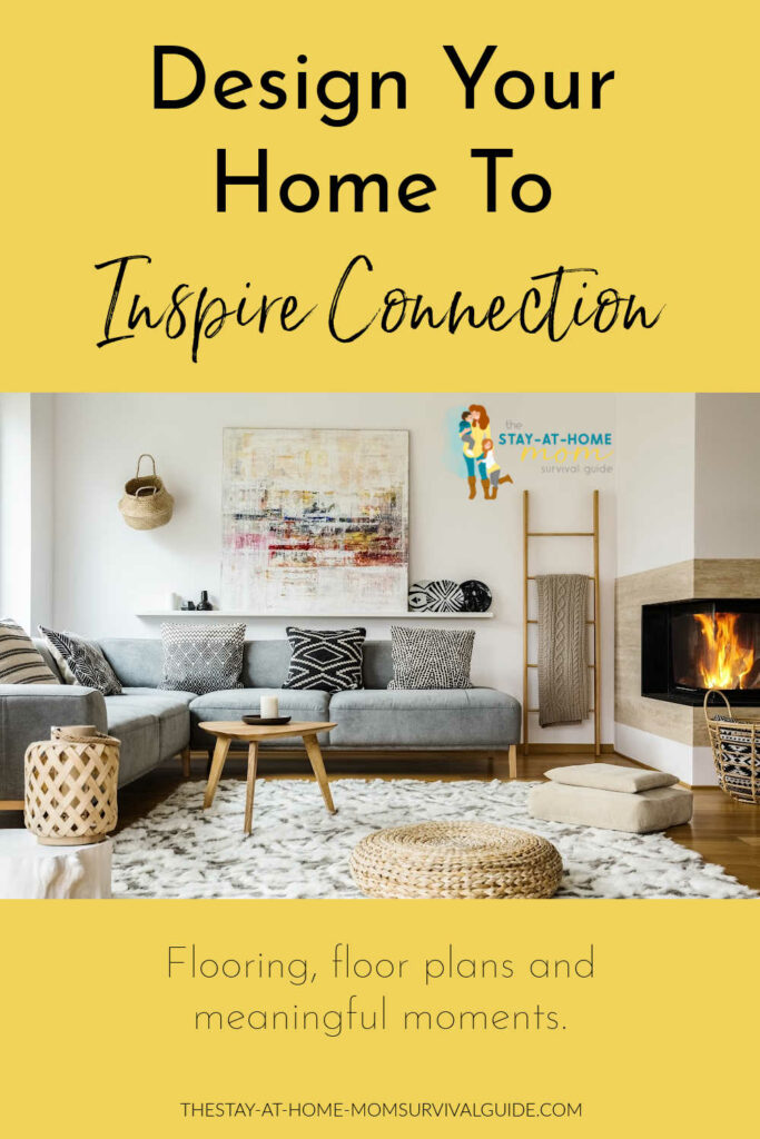 A comfortable boho living room with fireplace going. Text reads design your home to inspire connection with Armstrong Flooring.