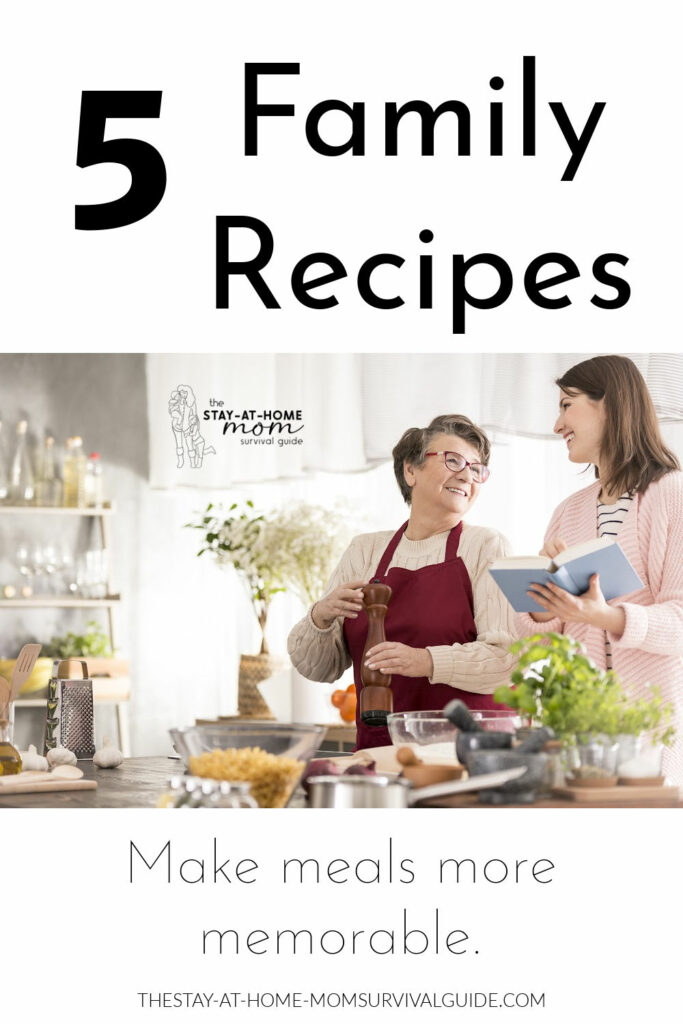 Woman cooking with her mother in the kitchen. Text reads 5 family recipes.