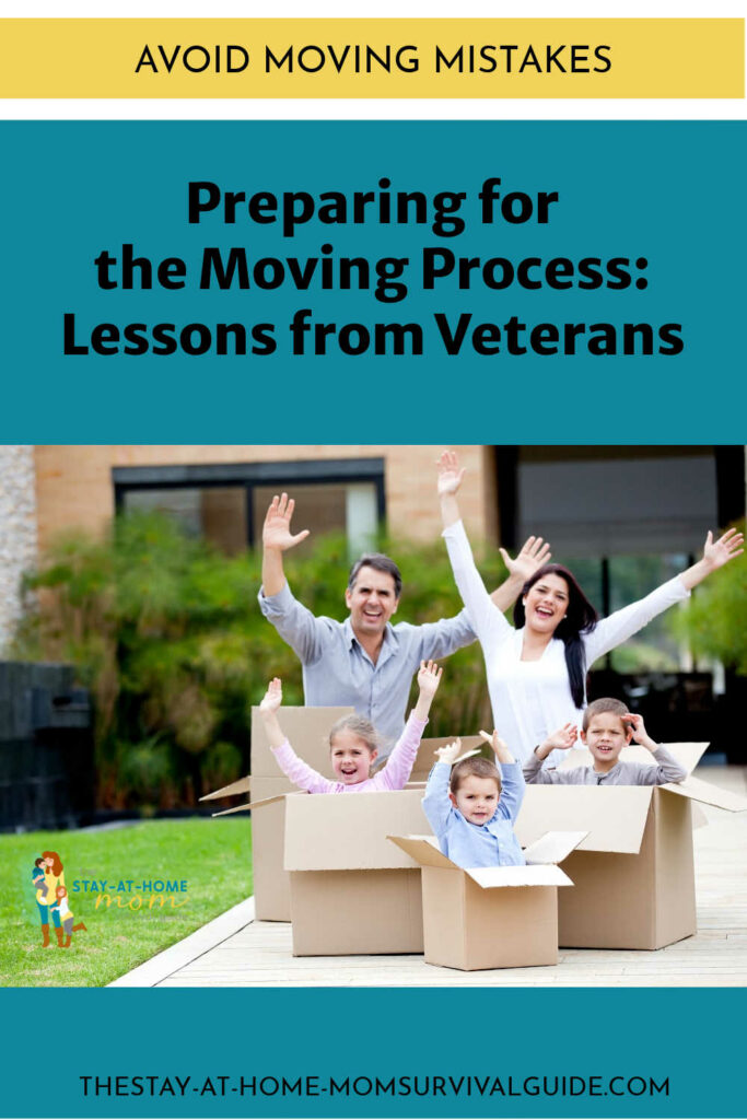 Mom, dad and three kids seated in cardboard boxes with their arms in the air. Text reads avoid moving mistakes preparing for the moving process: lessons from veterans.