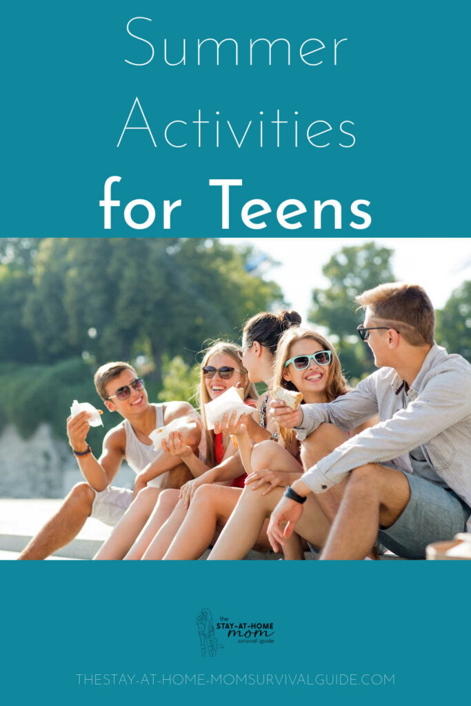 A group of teenagers sitting outside in the sun. Text reads summer activities for teens.