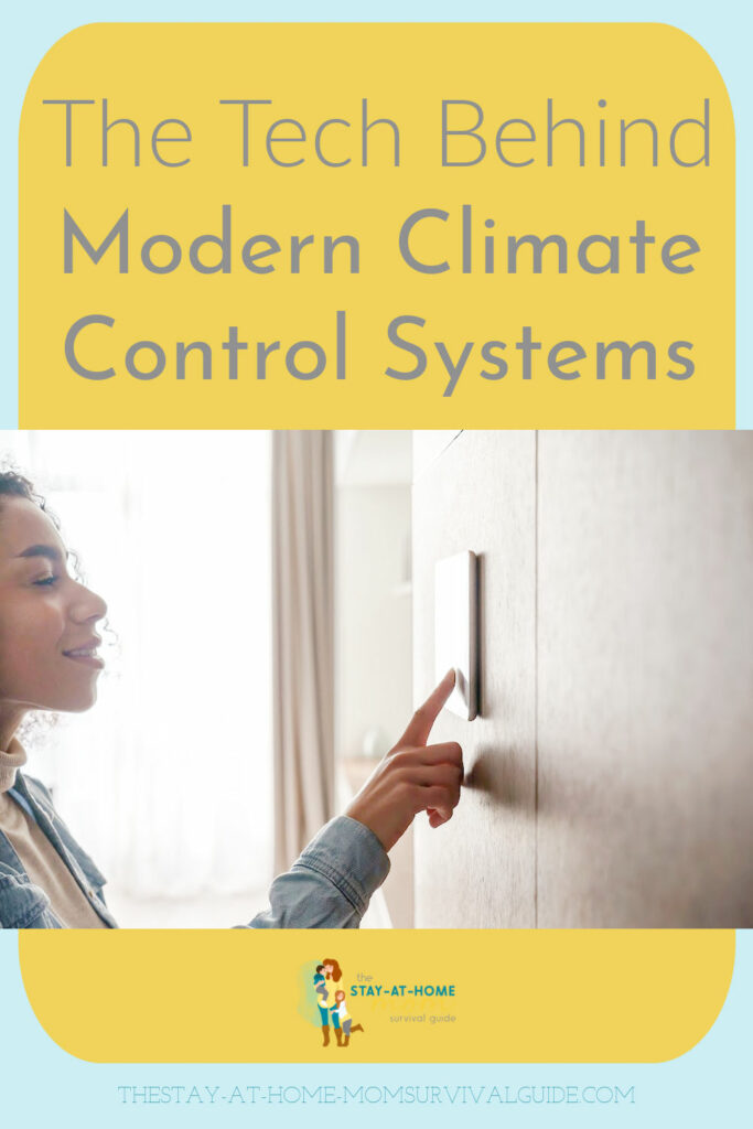 Woman pressing buttons on her thermostat to adjust room temperature. Text reads the tech behind modern climate control systems.