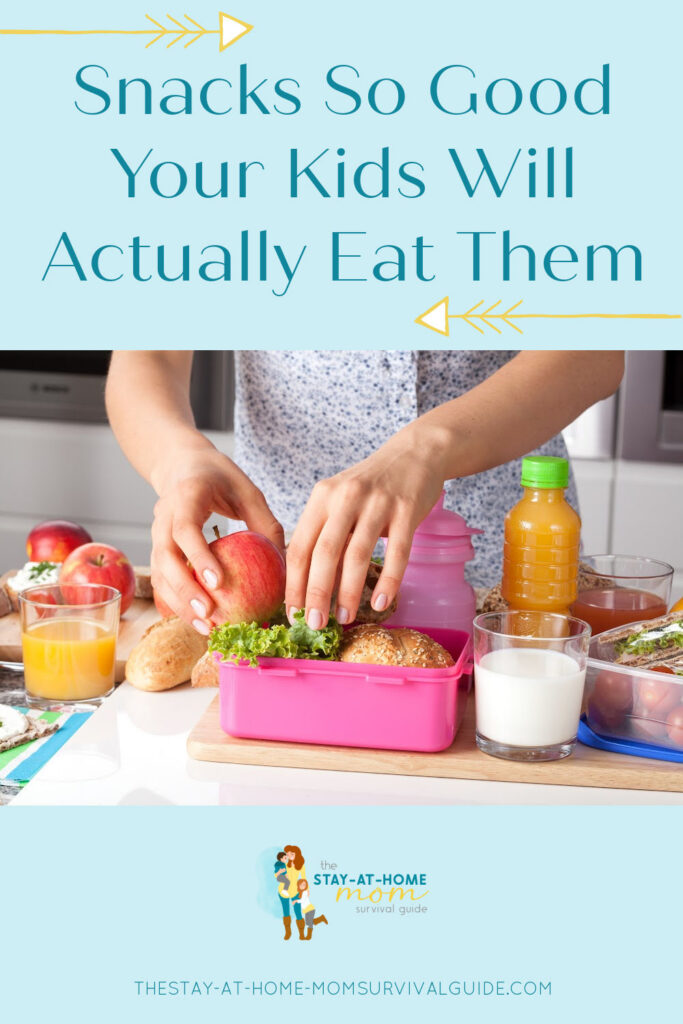 Mom preparing a snack box for her child. Text reads snacks so good your kids will actually eat them.
