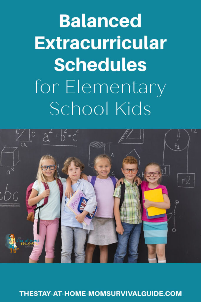 A group of kids shown standing in front of a chalkboard. Text reads balanced extracurricular schedules for elementary school kids.