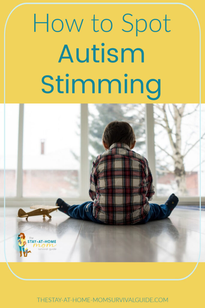 Young boy facing away from the camera seated on the floor. Text reads how to spot autism stimming.