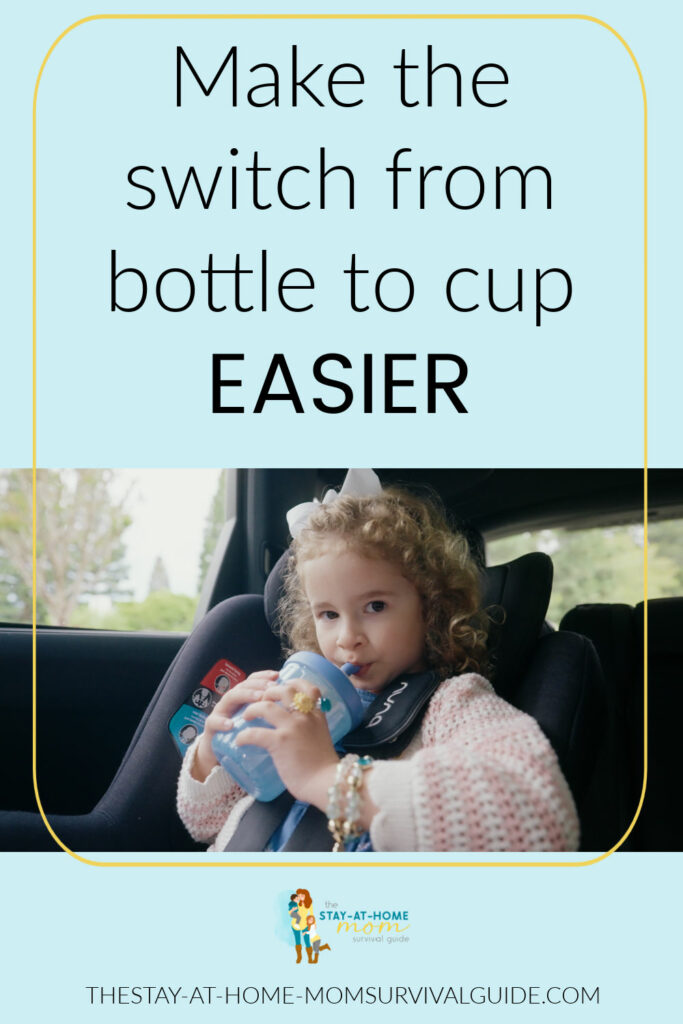 Toddler girl with a Poki Yoki modular sippy cup in her hand. Text reads make the switch from bottle to cup easier.