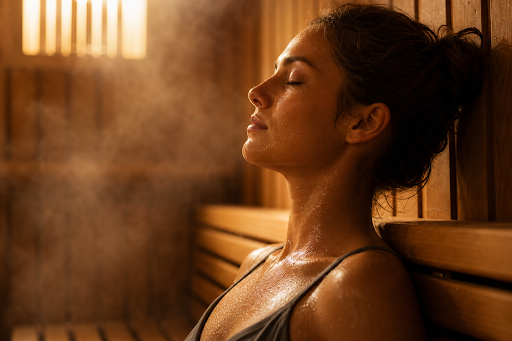 Woman relaxing in a steamy sauna, eyes closed