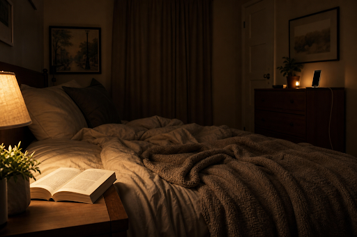 Cozy bedroom with dim lighting and open book