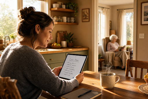 Woman reviews care plan on digital device with elderly woman nearby