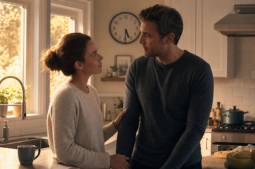 Couple sharing a tender moment in a cozy kitchen