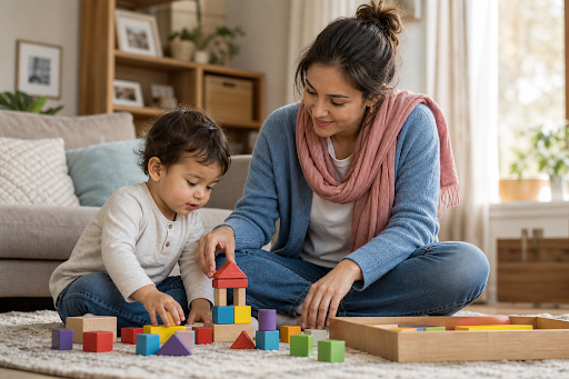 Mother and child building with colorful blocks on carpet