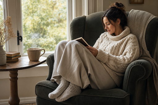 Woman in cozy sweater reads by window with coffee