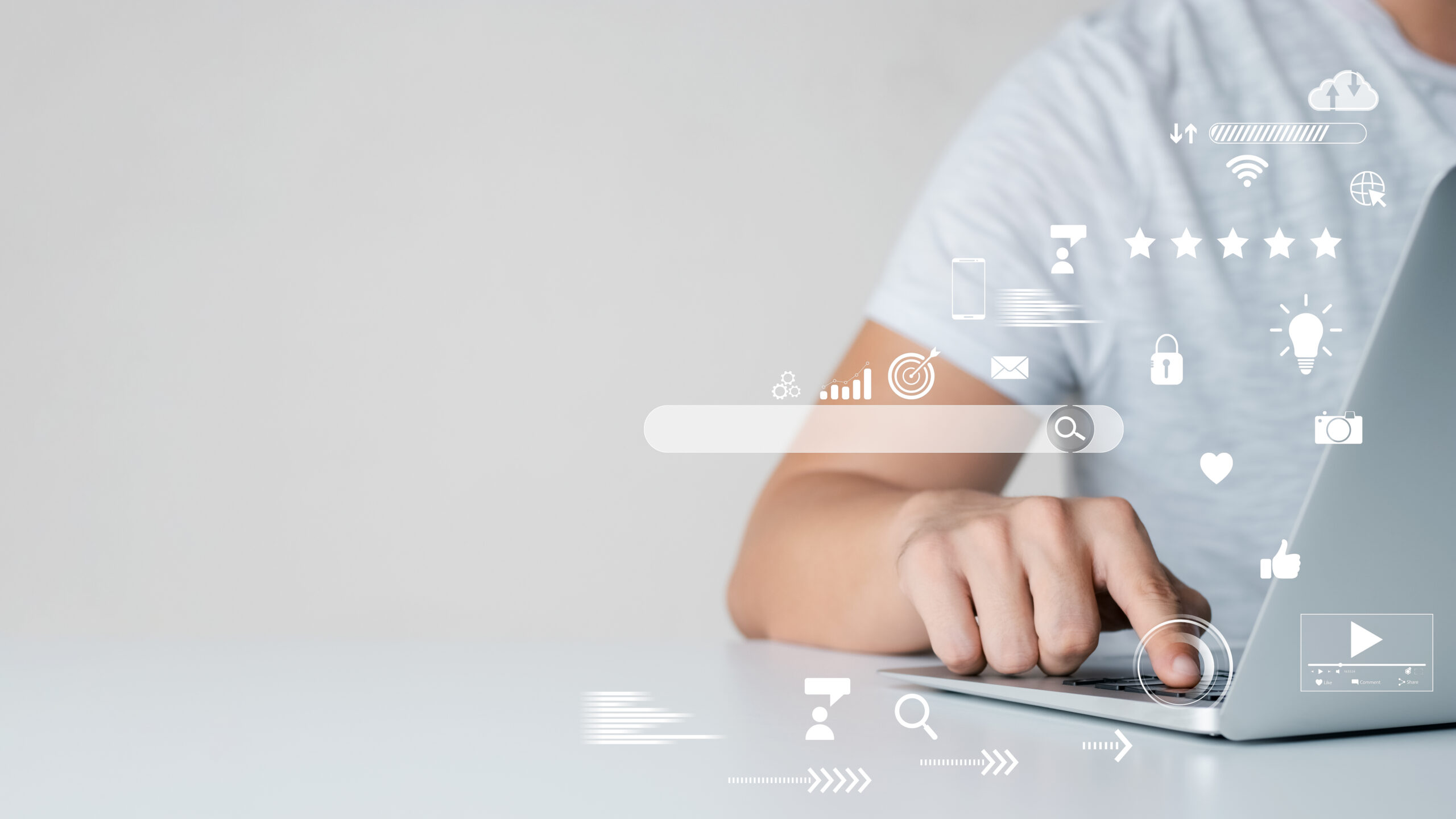businessman Are working on the laptop keyboard to use the search engine optimization tool. To find customers or promote and advertise on online content for technology, marketing and business concept.